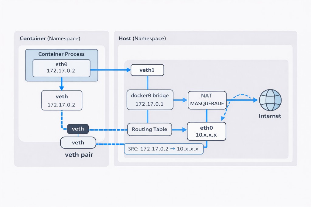 Diagram: container and host namespaces, veth pair, docker0 bridge, routing, NAT masquerade, host eth0 to internet